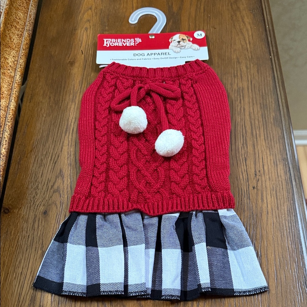 Forever Friends Dog sweater/dress with Red and Black Plaid skirt. Size M.
